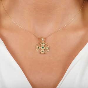14K Celtic Cross Necklace with Emerald • Solid Gold Cuthbert's Cross Necklace • Christian Gift • Saxon Cross Pendant • Irish Women Jewelry