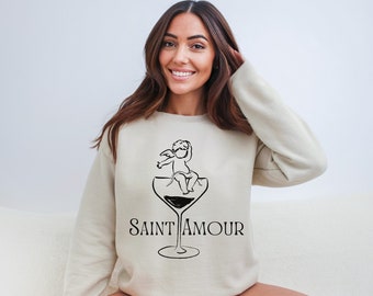 Saint Amour Wine Cherub Sand Sweatshirt, Sommelier Sweatshirt, Franse wijnliefhebber cadeau, Beaujolais Frankrijk, Trendy wijnmode, wijnglas