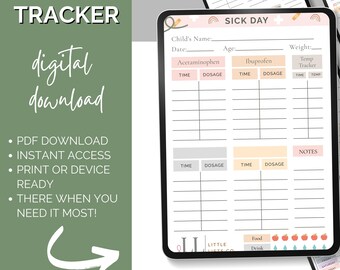 Child Sick Day Tracker, Symptom and Fever Log (Digital Download)