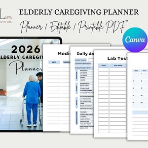 May include: An elderly caregiving planner with the text "2026 Elderly Caregiving Planner" on a tablet screen. The planner includes sections for medical information, daily assistance, lab tests, and a December calendar. The image also includes the text "Planner / Editable / Printable PDF".