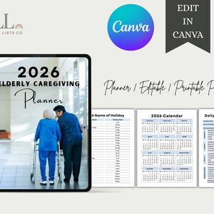 May include: A digital planner for elderly caregiving, featuring a 2026 calendar and daily assisted living logs. The design includes a photo of two people, one using a walker. The text reads "2026 Elderly Caregiving Planner."