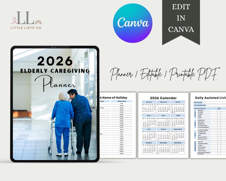 May include: A digital planner for elderly caregiving, featuring a 2026 calendar and daily assisted living logs. The design includes a photo of two people, one using a walker. The text reads "2026 Elderly Caregiving Planner."