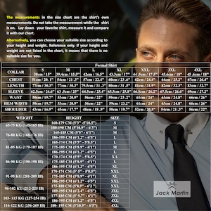 May include: A size chart for formal shirts with measurements in inches and centimeters. The chart includes collar, chest, length, sleeve, waist, hem width, shoulder, weight, height, and size. The chart is labeled "Formal Shirt" and includes the brand name "Jack Martin".