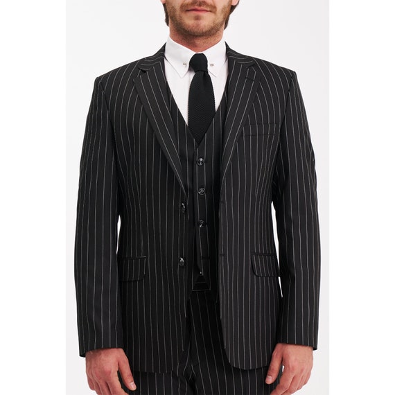 Jack Martin Mens Black Pinstripe 3 Piece Suits for Men Design Led Wedding Prom Business Suit Unique Striped Mens Suits