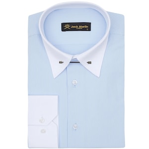 Camisas de vestir de manga larga con cuello de alfiler a rayas azul claro para hombres / camisas formales elegantes con botones para hombre con barra de cuello / regalo para hombres