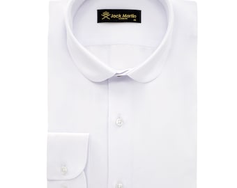 White Herringbone Club Collar Long Sleeve Dress Shirts for Men | Mens Casual Stylish Penny Collar Formal Shirts | Birthday Gift For Men