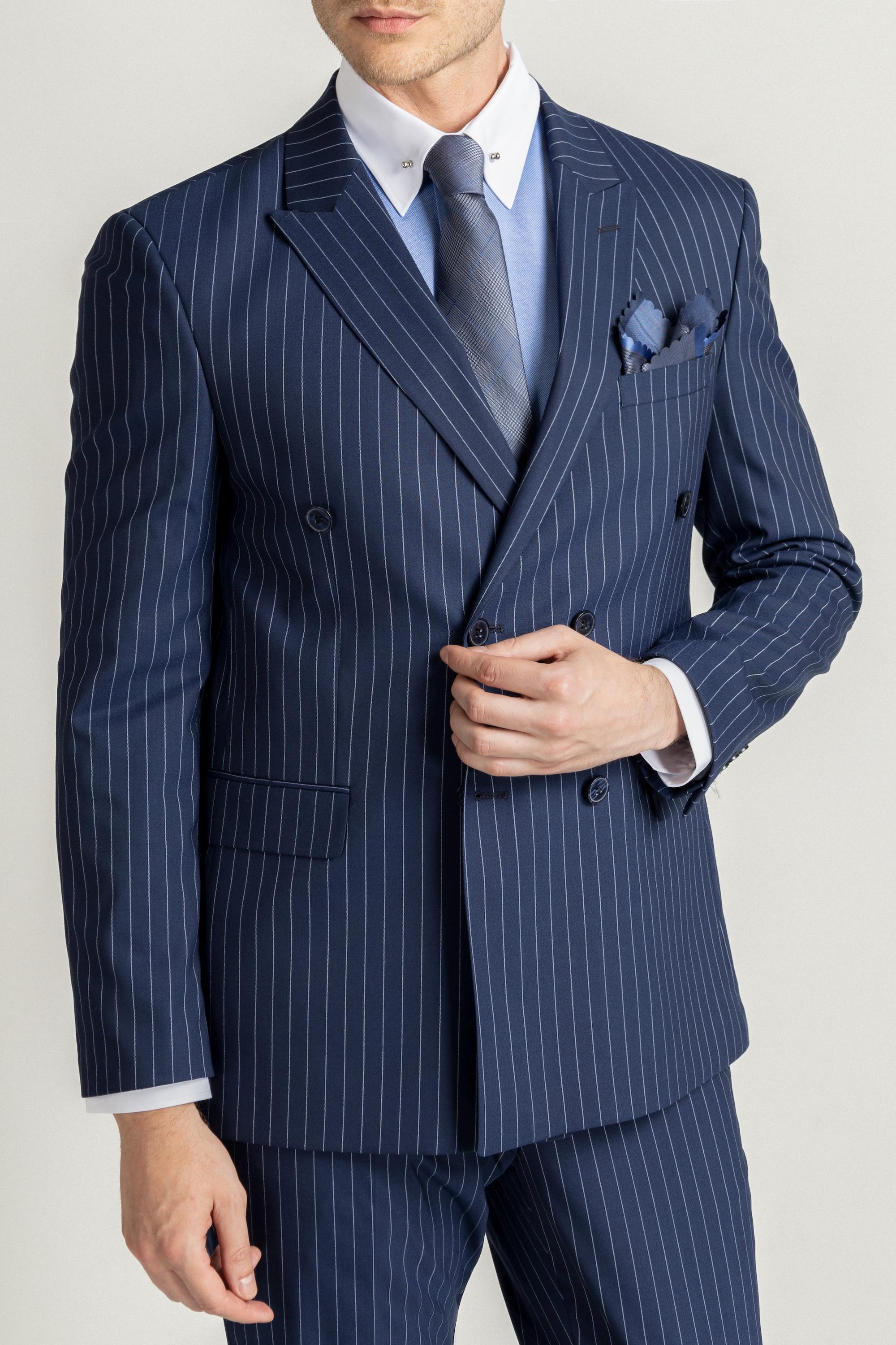 Blue double breasted pinstripe suit hotsell