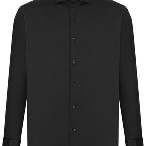 May include: A black long-sleeve dress shirt with a button-down collar and French cuffs. The shirt has a subtle texture and features a small logo on the collar.
