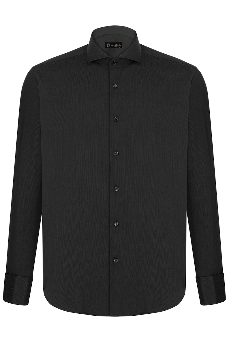 May include: A black long-sleeve dress shirt with a button-down collar and French cuffs. The shirt has a subtle texture and features a small logo on the collar.