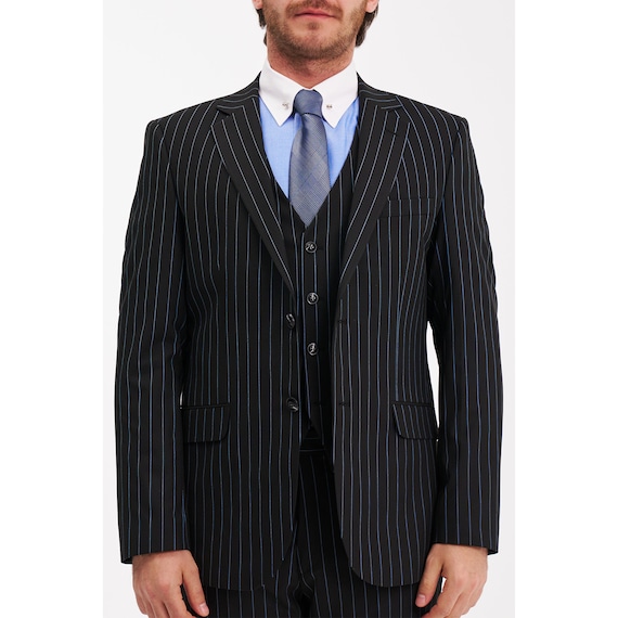 Jack Martin | Mens Black Blue Pinstripe 3 Piece Suits for Men