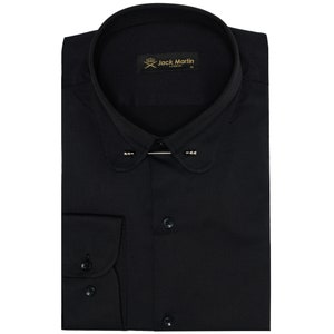 Black Club Collar Long Sleeve Dress Shirts for Men with Pin Collar | Mens Penny Collar Formal Shirts with Collar Bar | Birthday Gift For Men