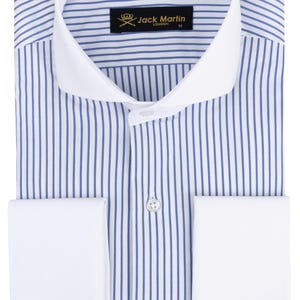 Camisas formales de puño doble francesas para hombre / Regalo de cumpleaños para hombres / Camisas de vestir de manga larga con cuello recortado y rayas azul marino para hombres