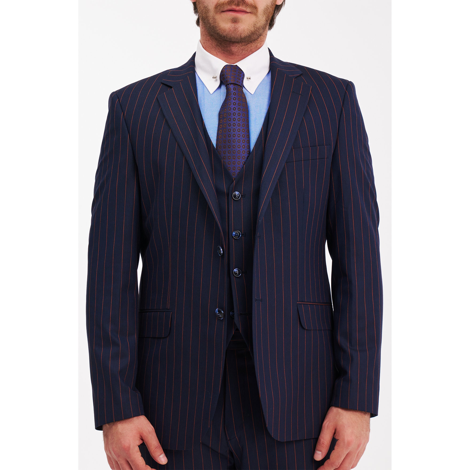 Jack Martin | Mens Navy Copper Pinstripe 3 Piece Suits for Men | Design-Led Wedding Prom & Business Suit | Unique Striped Mens Suits