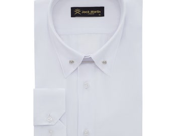 White Striped Pin Collar Long Sleeve Dress Shirts for Men | Mens Button Up Stylish Formal Shirts with Collar Bar | Birthday Gift For Men