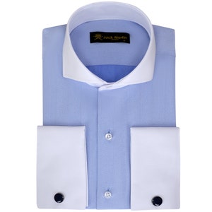 Dark Blue Herringbone Cutaway Collar Long Sleeve Dress Shirts for Men | Mens French Double Cuff Formal Shirts | Birthday Gift For Men