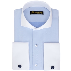 Blue Herringbone Cutaway Collar Long Sleeve Dress Shirts for Men | Mens French Double Cuff Formal Shirts | Birthday Gift For Men