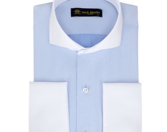 Blå fiskbensmönstrade långärmade klänningsskjortor för män | Herrskjortor med dubbel manschett | Födelsedagspresent till män