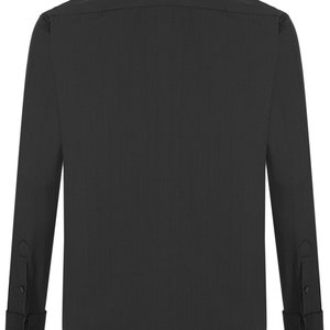 May include: A black long-sleeve dress shirt with a button-down collar and double cuffs.