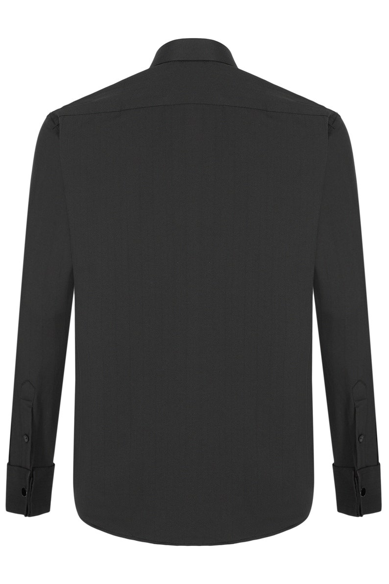 May include: A black long-sleeve dress shirt with a button-down collar and double cuffs.