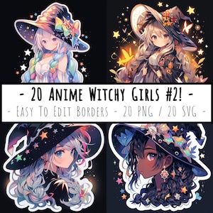 Anime Witchy Girl #2 - Paquete de imágenes prediseñadas - 20 PNG - Fácil de editar - Uso comercial - Descarga digital