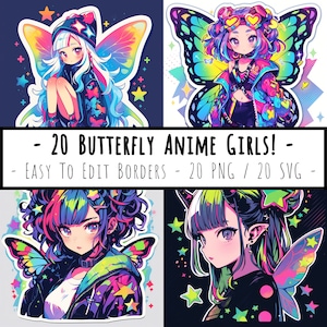 Anime Butterfly Girl Clipart Bundle - 20 PNG - Easy To Edit - Commercial Use - Digital Download