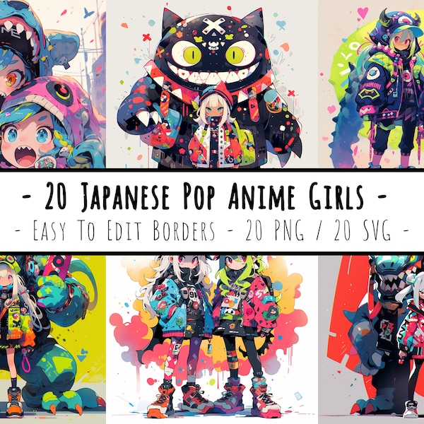 Japanese Pop Anime Girls Clipart Bundle - 20 PNG - Easy To Edit - Commercial Use - Digital Download