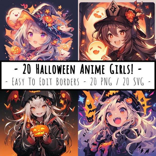 Halloween Anime Girl Clipart Bundle - 20 PNG - Easy To Edit - Commercial Use - Digital Download