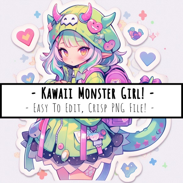 Kawaii Monster Girl In Green #1 / Anime Demon Cute Fashion - PNG - Easy To Edit - Commercial Use - Digital Download