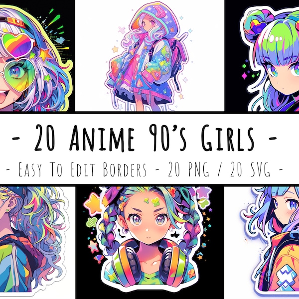 Anime 90's Girl Clipart Bundle - 25 PNG - Easy To Edit - Commercial Use - Digital Download