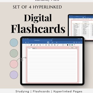 May include: Set of four digital flashcards with a pink background and lined pages. The flashcards are hyperlinked and can be used for studying. The image also shows a color palette with four different colors: blue, green, pink, and purple.