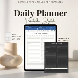 Daily Planner with 5 Layouts, Undated, PDF Printable, Light & Dark Mode, GoodNotes, Notability, To-Do List, letter, ADHD Tracker
