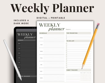 Weekly Planner Template, Printable pdf, Dark Mode, Weekly Plan Printable, Goodnotes Planner, weekly iPad Planner, minimalist weekly schedule