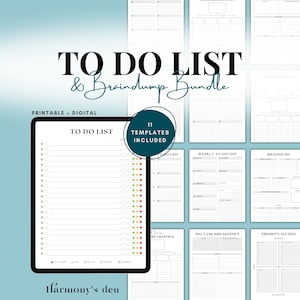 Pode incluir: Um pacote digital imprimível de listas de tarefas e descarregamento de ideias com 11 modelos. O pacote inclui uma lista de tarefas, uma lista de tarefas semanal, um descarregamento de ideias, uma divisão de tarefas grandes e uma matriz de prioridades. O modelo de lista de tarefas tem uma coluna para iniciar, ok, atrasar, preso e cancelar.