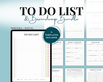 May include: A digital printable to-do list and braindump bundle with 11 templates. The bundle includes a to-do list, weekly to-do list, braindump, big task breakdown, and priority matrix. The to-do list template has a column for start, ok, delay, stuck, and cancel.
