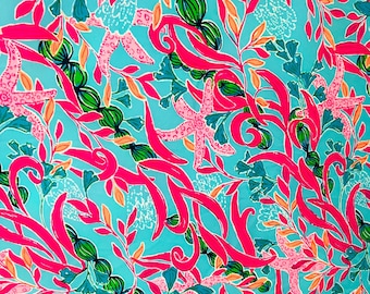Aqua Pink Orange Starfish Seaweed stretch spandex fabric lilly flowers soft stretchy knit great for making clothes swimwear yoga pants