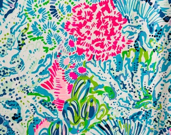 Aqua Green Bright Pink stretch spandex fabric lilly coral print soft stretchy knit great for making clothes swimwear yoga