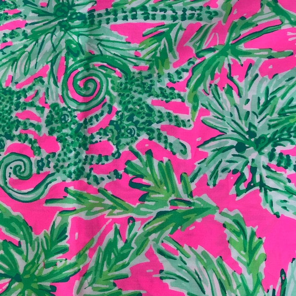 Pink Green Monkey Palm Trees Poplin fabric with pretty flowers lilly tropical non-stretch woven Lily tropical floral monkeys