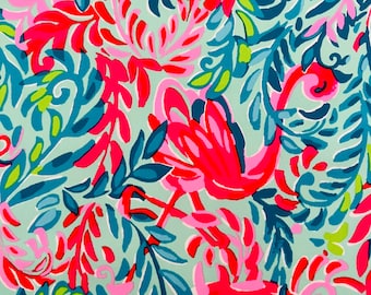 1 Aqua Turquoise Hot Pink flamingo stretch spandex fabric lilly flowers stretchy Lily flower tropical Hawaiian knit great for swim activewea