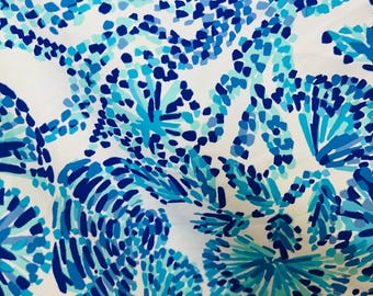 Royal Blue White Aqua stretch spandex fabric lilly nautical ocean print soft stretchy knit great for making clothes swimwear yoga pants