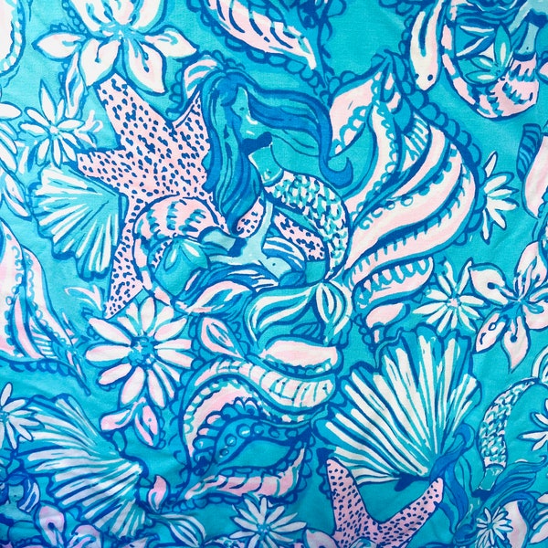 1 Aqua Blue Pink mermaid stretch terry fabric lilly flowers soft stretchy Lily flower tropical Hawaiian knit great for making clothes