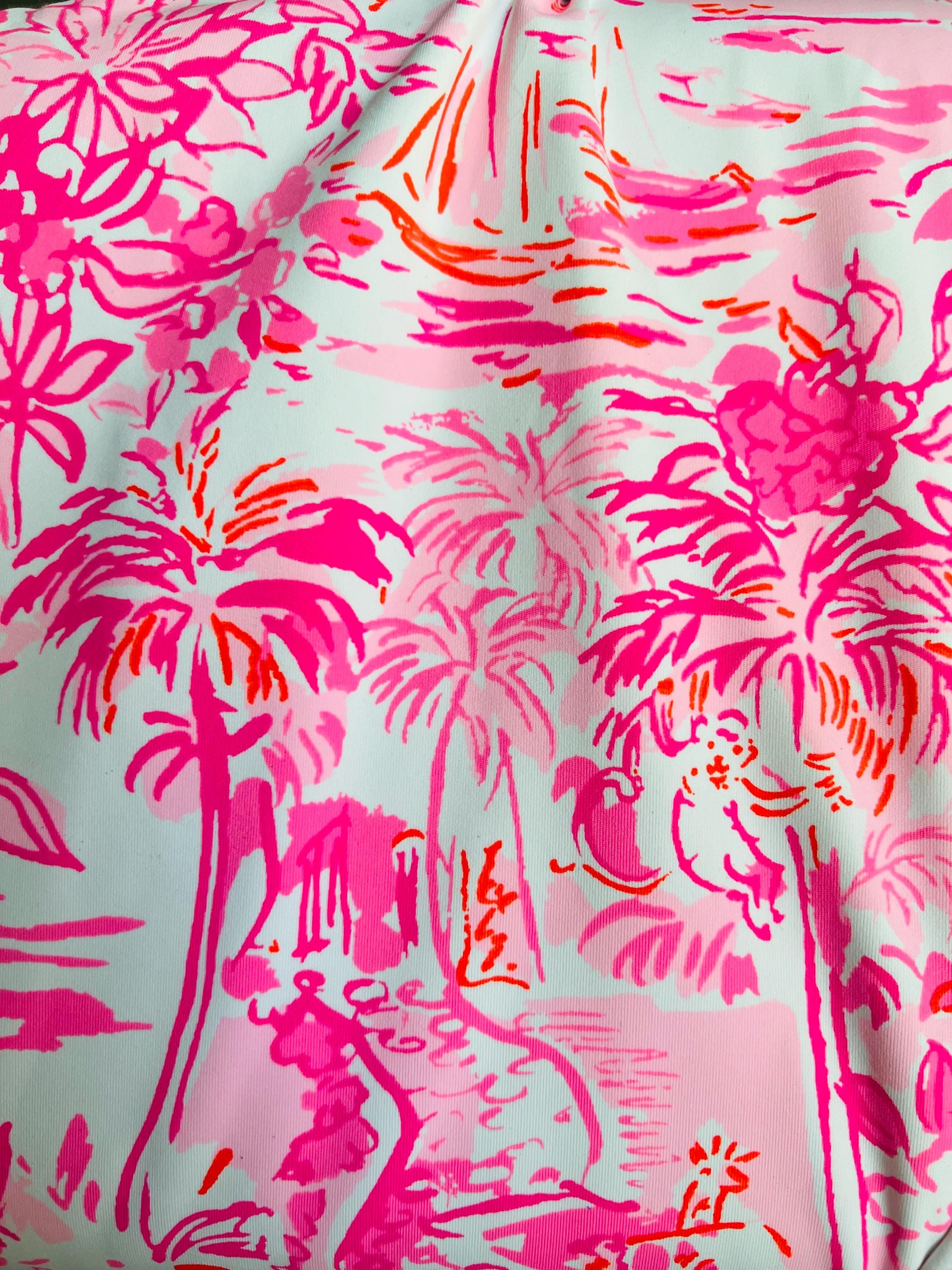 Pink White Palm Trees stretch spandex fabric lilly flowers soft stretchy knit great for making clothes swimwear yoga pants