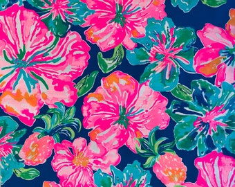 Pink Royal Blue Green orange Hibiscus flower Poplin fabric with pretty flowers lilly leaves non-stretch woven Lily tropical floral
