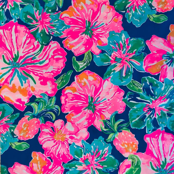 Pink Royal Blue Green orange Hibiscus flower Poplin fabric with pretty flowers lilly leaves non-stretch woven Lily tropical floral