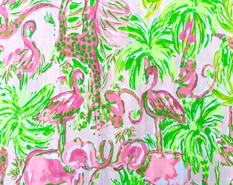 Pink and Green Poplin fabric with animals elephant giraffe flamingo alligator