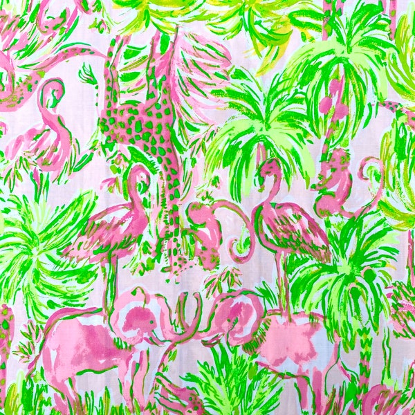 Pink and Green Poplin fabric with animals elephant giraffe flamingo alligator