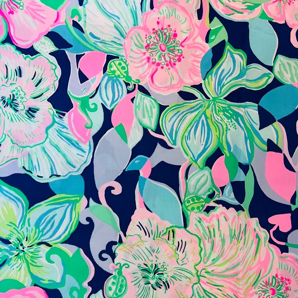 Navy Pink Aqua Seafoam Green Poplin fabric with pretty flowers lilly tropical non-stretch woven Lily tropical floral