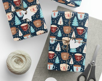 Marshmallow Topped Winter Mug Wrapping Paper - Christmas Trees and Hot Cocoa Gift Wrap - Festive Mug and Tree Hot Chocolate Gift Wrap