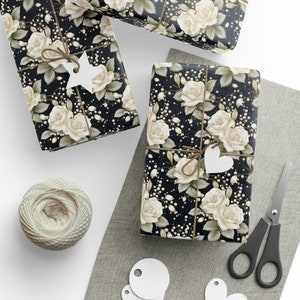 Pearlescent Blooms: Black Wrapping Paper with White Roses and Pearls