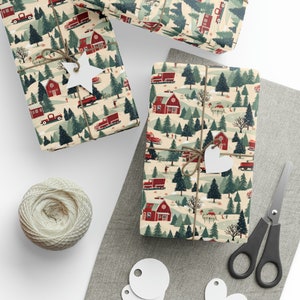 Vintage Farmhouse Christmas Gift Wrap - Rustic Christmas Gift Wrap - Nostalgic Barns & Snow Farm Wrapping Paper