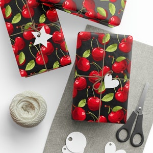 Cherry Pop Wrapping Paper - Bold Red Cherries on Black Wrapping Paper - Sweet Elegance for Your Gifts